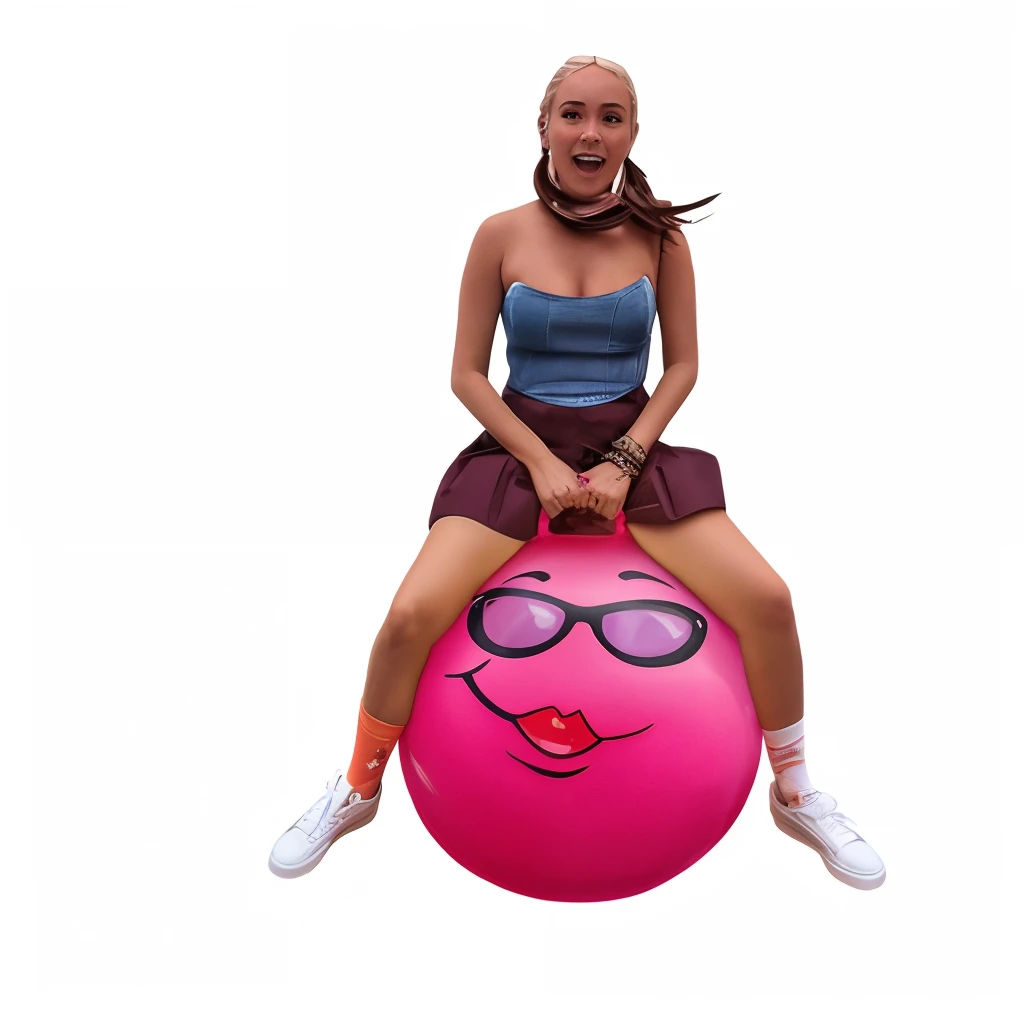 arafed woman sitting on a pink ball with a smiley face, pink angry bubble, pink iconic character, insanely inflated hips, inflatable, bubblegum body, music video, big pink sphere high in the sky, cooky, bubblegum, bouncing, miley cyrus, sitting down, very ...