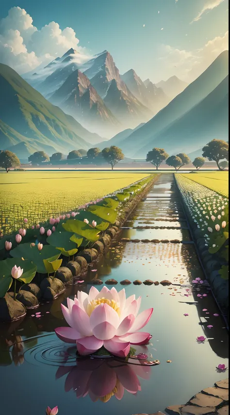 (Composition, Illustration, wide-shot) wide-shot, A lotus flower blooming((pure, one blossom)) in a field, ancient china, rivers mountains plum blossom petals in the background, camera focused on the flower, beautiful, elegant, super intricate, ultra detai...