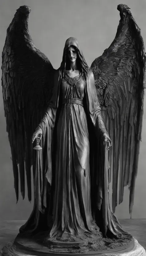 (best quality:1.2,realistic,ultra-detailed,professional),(portrait:0.9),stone sculpture,perfect face,detailed wings,angel,robe,bloodstains,stained robe,bloody tears,circular stone pedestal,candlelit church,candles on the floor