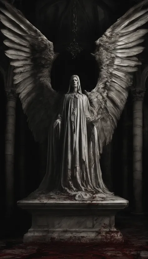 (best quality:1.2,realistic,ultra-detailed,professional),(portrait:0.9),stone sculpture,perfect face,detailed wings,angel,robe,bloodstains,stained robe,bloody tears,circular stone pedestal,candlelit church,candles on the floor