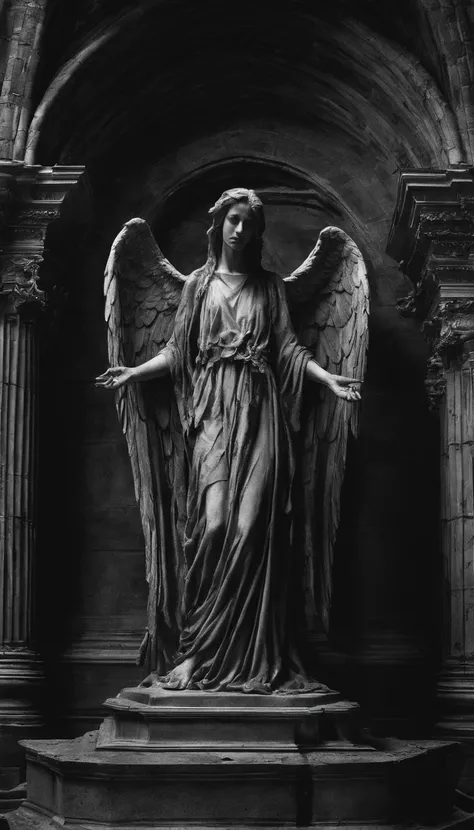 A stone statue of a female angel，s the perfect face，The angel has a pair of wings on his back，Wearing a robe，Stand on a circular stone platform，In the church，There are a lot of lit candles at your feet，There was blood on the robe，There was blood on the gro...