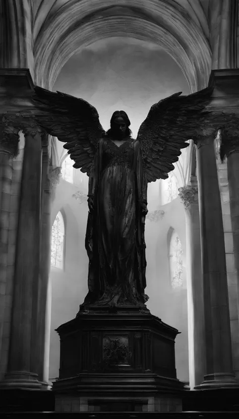 A stone statue of a female angel，s the perfect face，The angel has a pair of wings on his back，Wearing a robe，Stand on a circular stone platform，In the church，There are a lot of lit candles at your feet，There was blood on the robe，There was blood on the gro...