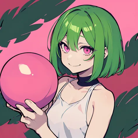 anime female short green hair and pink eyes holding a ball in his hands no background