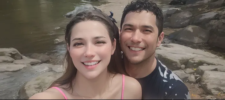 There is a man and a woman next to each other near a river, casal sorridente, Casal feliz, both smiling for the camera, par, imagem de perfil, retrato de casais, Karla Ortiz, retrato de casal, vacation photo, foto de perfil, Fotografia tirada em 2 0 2 0, i...