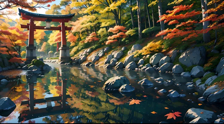 Colored leaves、（jpn、evening glow、Mare）、mont、torii gate、autumnal