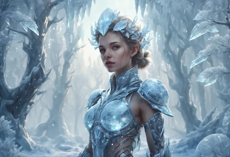 Futuristic transparent mechanical girl standing in a snowy forest, Arte conceitual de inverno, Snow and ice forest，Each branch is covered with sparkling ice crystals，They resemble countless diamonds，Shine brightly，The branches of the trees seem to be embed...