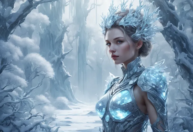 Futuristic transparent mechanical girl standing in a snowy forest, Arte conceitual de inverno, Snow and ice forest，Each branch is covered with sparkling ice crystals，They resemble countless diamonds，Shine brightly，The branches of the trees seem to be embed...