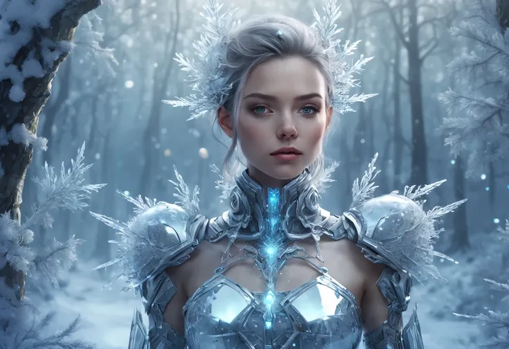 Futuristic transparent mechanical girl standing in a snowy forest, Arte conceitual de inverno, Snow and ice forest，Each branch is covered with sparkling ice crystals，They resemble countless diamonds，Shine brightly，The branches of the trees seem to be embed...