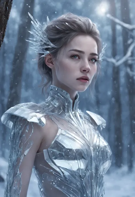 Futuristic transparent mechanical girl standing in a snowy forest, Arte conceitual de inverno, Snow and ice forest，Each branch is covered with sparkling ice crystals，They resemble countless diamonds，Shine brightly，The branches of the trees seem to be embed...