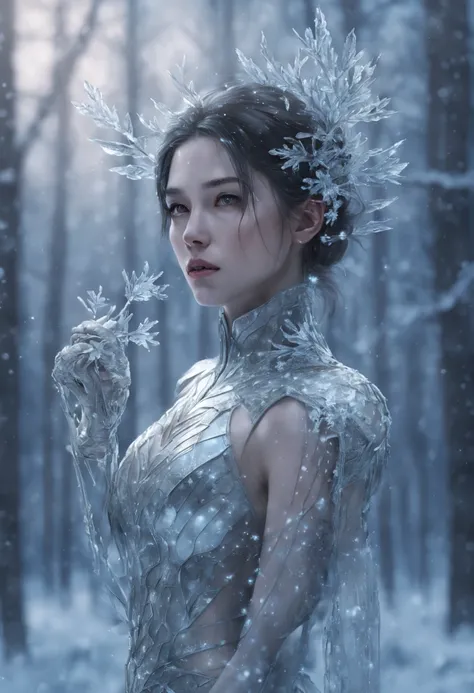 Futuristic transparent mechanical girl standing in a snowy forest, Arte conceitual de inverno, Snow and ice forest，Each branch is covered with sparkling ice crystals，They resemble countless diamonds，Shine brightly，The branches of the trees seem to be embed...