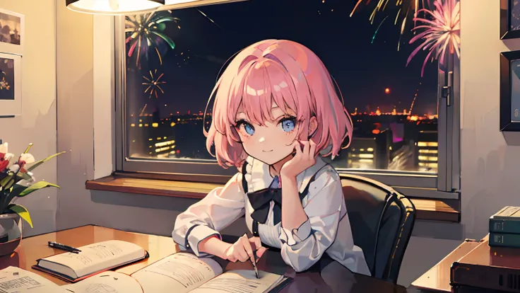 Cute little girl s　research　Cute face　on desk　inside in room　natta　Dark, large windows, fireworks, dusk