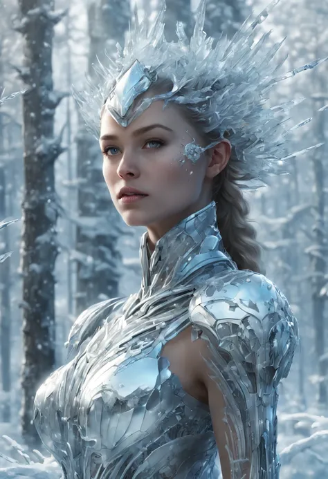 Futuristic transparent mechanical girl standing in a snowy forest, Arte conceitual de inverno, Snow and ice forest，Each branch is covered with sparkling ice crystals，They resemble countless diamonds，Shine brightly，The branches of the trees seem to be embed...