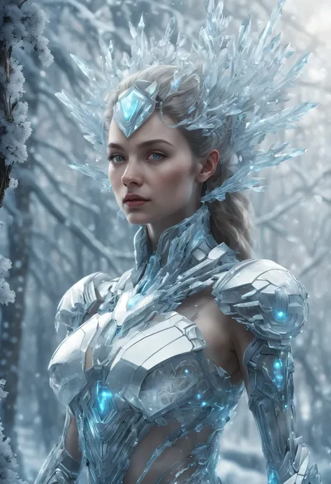 Futuristic transparent mechanical girl standing in a snowy forest, Arte conceitual de inverno, Snow and ice forest，Each branch is covered with sparkling ice crystals，They resemble countless diamonds，Shine brightly，The branches of the trees seem to be embed...