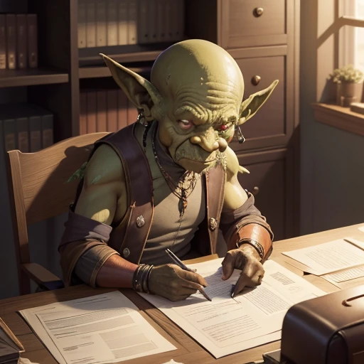 Office cabinet, Sitting at tables with papers and documents of an adult goblin boss. Chiefs Office. Looking at the camera. higly detailed. Top Quality.