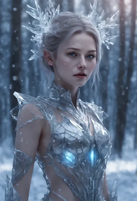 Futuristic transparent mechanical girl standing in a snowy forest, Arte conceitual de inverno, Snow and ice forest，Each branch is covered with sparkling ice crystals，They resemble countless diamonds，Shine brightly，The branches of the trees seem to be embed...