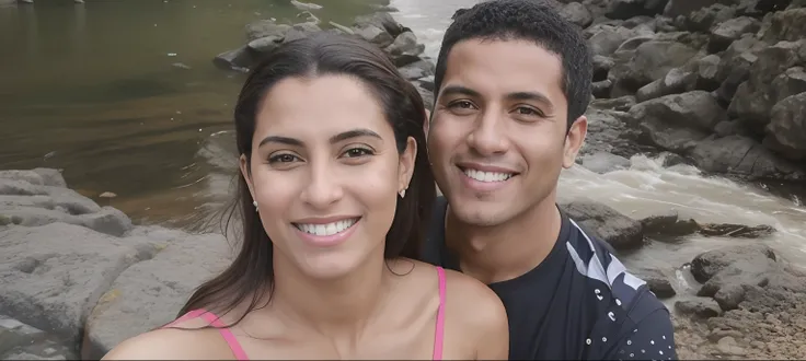 There is a man and a woman next to each other near a river, casal sorridente, Casal feliz, both smiling for the camera, par, imagem de perfil, retrato de casais, Karla Ortiz, retrato de casal, vacation photo, foto de perfil, Fotografia tirada em 2 0 2 0, i...