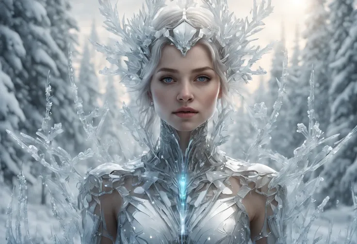 Futuristic transparent mechanical girl standing in a snowy forest, Arte conceitual de inverno, Snow and ice forest，Each branch is covered with sparkling ice crystals，They resemble countless diamonds，Shine brightly，The branches of the trees seem to be embed...