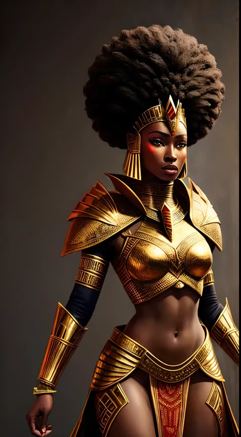 Afrofuturistic African warrior queen in second skin costume imitating armor in mirrored pieces with Egyptian design and similar crown of nefertiti