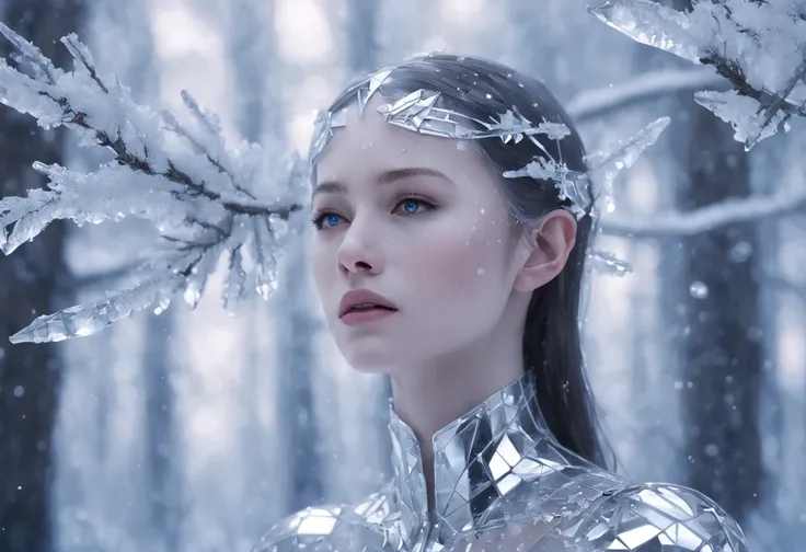 Futuristic transparent mechanical girl standing in a snowy forest, Arte conceitual de inverno, Snow and ice forest，Each branch is covered with sparkling ice crystals，They resemble countless diamonds，Shine brightly，The branches of the trees seem to be embed...