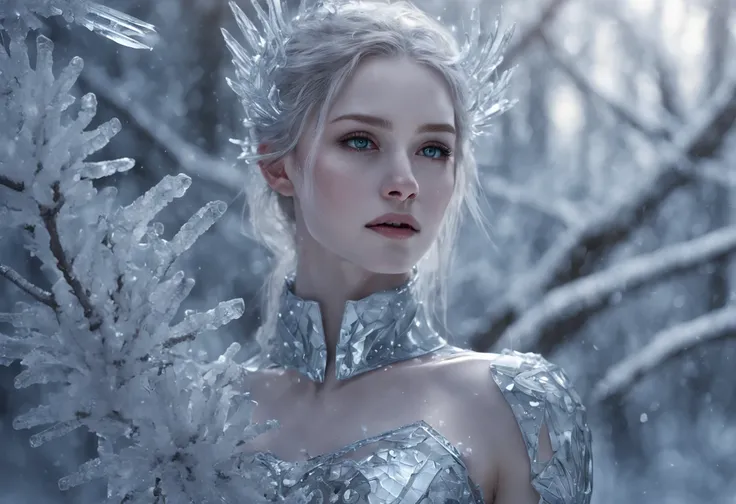 Futuristic transparent mechanical girl standing in a snowy forest, Arte conceitual de inverno, Snow and ice forest，Each branch is covered with sparkling ice crystals，They resemble countless diamonds，Shine brightly，The branches of the trees seem to be embed...