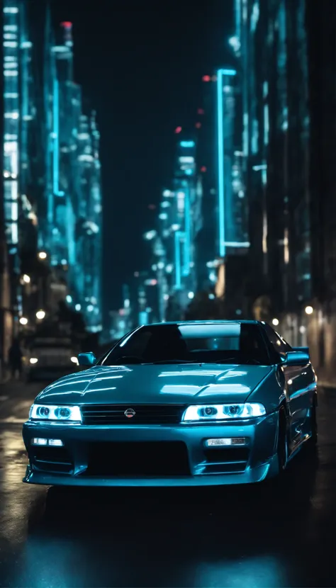 A 1999 Nissan Silver R33 lowered wide body,  car body molded as if it was in the movie Tron legacy, Blue LED strips light up all the body lines of the car, night city background, motion blur, a close up of a car with a glowing blue stripe on the hood, tron...