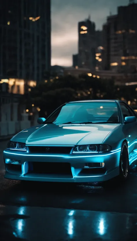 A 1999 Nissan Silver R33 lowered wide body,  car body molded as if it was in the movie Tron legacy, Blue LED strips light up all the body lines of the car, night city background, motion blur, a close up of a car with a glowing blue stripe on the hood, tron...