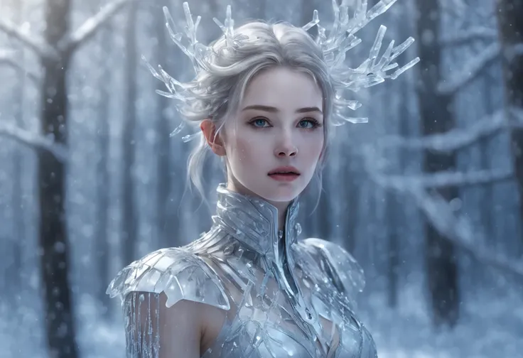 Futuristic transparent mechanical girl standing in a snowy forest, Arte conceitual de inverno, Snow and ice forest，Each branch is covered with sparkling ice crystals，They resemble countless diamonds，Shine brightly，The branches of the trees seem to be embed...