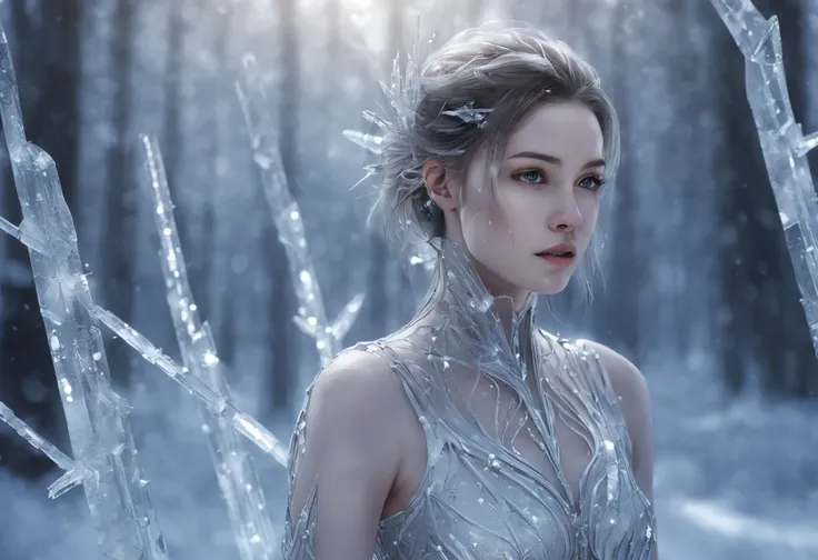 Futuristic transparent mechanical girl standing in a snowy forest, Arte conceitual de inverno, Snow and ice forest，Each branch is covered with sparkling ice crystals，They resemble countless diamonds，Shine brightly，The branches of the trees seem to be embed...