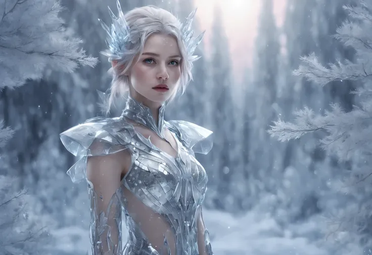 Futuristic transparent mechanical girl standing in a snowy forest, Arte conceitual de inverno, Snow and ice forest，Each branch is covered with sparkling ice crystals，They resemble countless diamonds，Shine brightly，The branches of the trees seem to be embed...