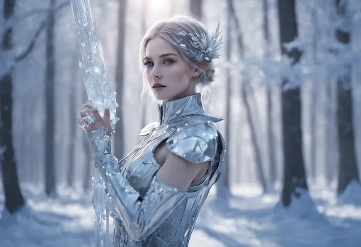 Futuristic transparent mechanical girl standing in a snowy forest, Arte conceitual de inverno, Snow and ice forest，Each branch is covered with sparkling ice crystals，They resemble countless diamonds，Shine brightly，The branches of the trees seem to be embed...