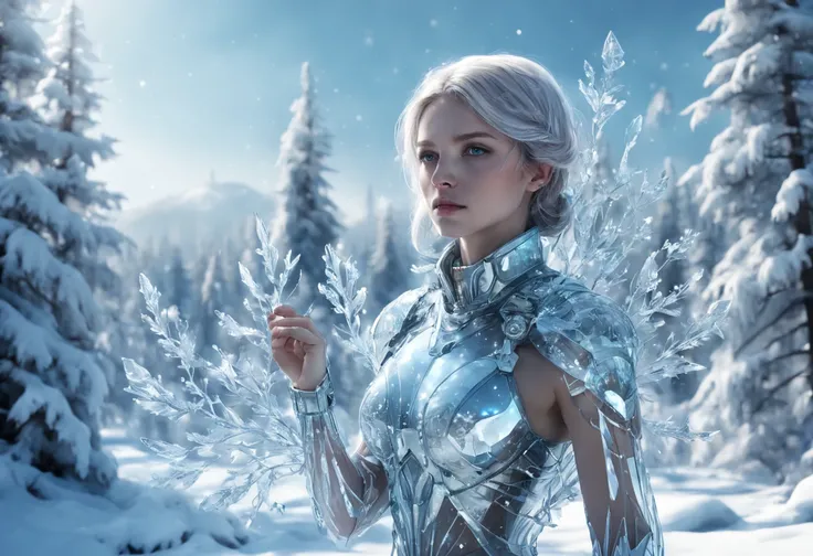 Futuristic transparent mechanical girl standing in a snowy forest, Arte conceitual de inverno, Snow and ice forest，Each branch is covered with sparkling ice crystals，They resemble countless diamonds，Shine brightly，The branches of the trees seem to be embed...