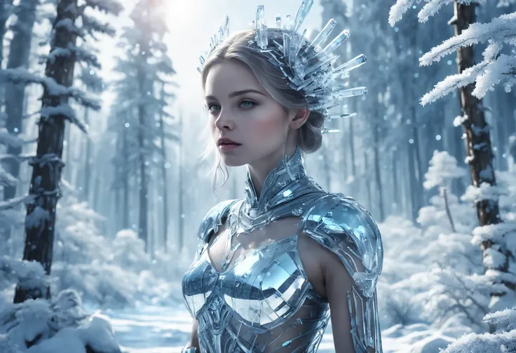 Futuristic transparent mechanical girl standing in a snowy forest, Arte conceitual de inverno, Snow and ice forest，Each branch is covered with sparkling ice crystals，They resemble countless diamonds，Shine brightly，The branches of the trees seem to be embed...