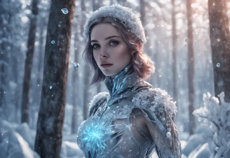 Futuristic transparent mechanical girl standing in a snowy forest, Arte conceitual de inverno, Snow and ice forest，Each branch is covered with sparkling ice crystals，They resemble countless diamonds，Shine brightly，The branches of the trees seem to be embed...