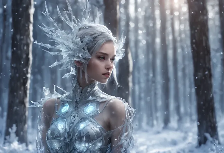 Futuristic transparent mechanical girl standing in a snowy forest, Arte conceitual de inverno, Snow and ice forest，Each branch is covered with sparkling ice crystals，They resemble countless diamonds，Shine brightly，The branches of the trees seem to be embed...