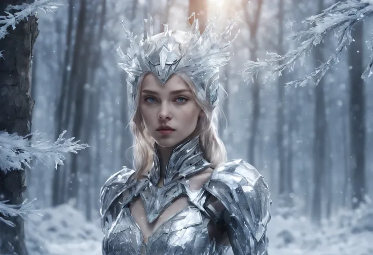 Futuristic transparent mechanical girl standing in a snowy forest, Arte conceitual de inverno, Snow and ice forest，Each branch is covered with sparkling ice crystals，They resemble countless diamonds，Shine brightly，The branches of the trees seem to be embed...