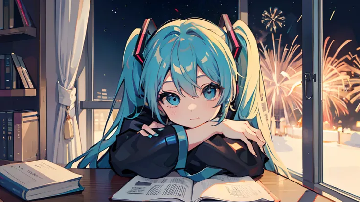 cute female child　Hatsune Miku hair color research　Cute face　Keep your eyes on the book on the desk　inside in room　natta　Dark, large windows, fireworks, dusk