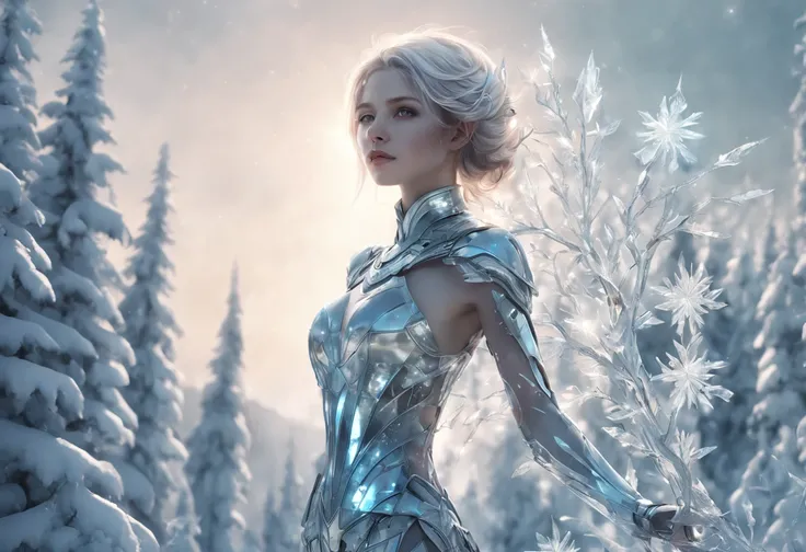 Futuristic transparent mechanical girl standing in a snowy forest, Arte conceitual de inverno, Snow and ice forest，Each branch is covered with sparkling ice crystals，They resemble countless diamonds，Shine brightly，The branches of the trees seem to be embed...