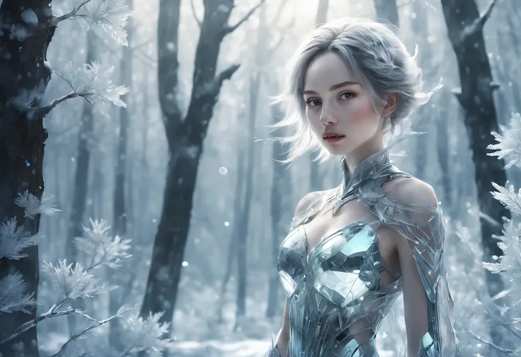 Futuristic transparent mechanical girl standing in a snowy forest, Arte conceitual de inverno, Snow and ice forest，Each branch is covered with sparkling ice crystals，They resemble countless diamonds，Shine brightly，The branches of the trees seem to be embed...