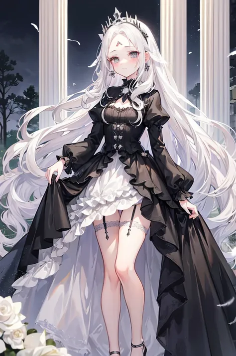 1 girl, white hair, wavy hair, very long hair, light gray eyes, small eyes, mature face, dropping eyes, blurry background, black wedding dress, blush, tiara, feather, ahes, fog, forest, veil, ((forehead)), earrings, white roses, light smile, garter belt, h...