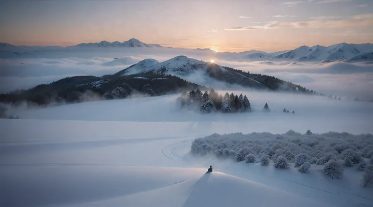 at winter season，Oyuki，snow landscape，（（（Rime））），the setting sun，thin fog，Dingdall effect，super-fine，tmasterpiece，8K，depth of fields，ultra - detailed，Meticulous portrayal，Ultra photo realsisim，Hyper-realistic