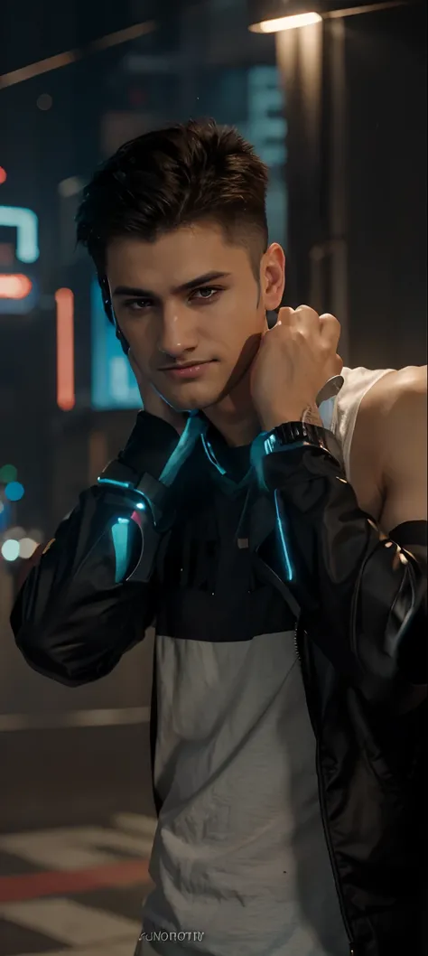 Change background cyberpunk handsome boy, realistic face,