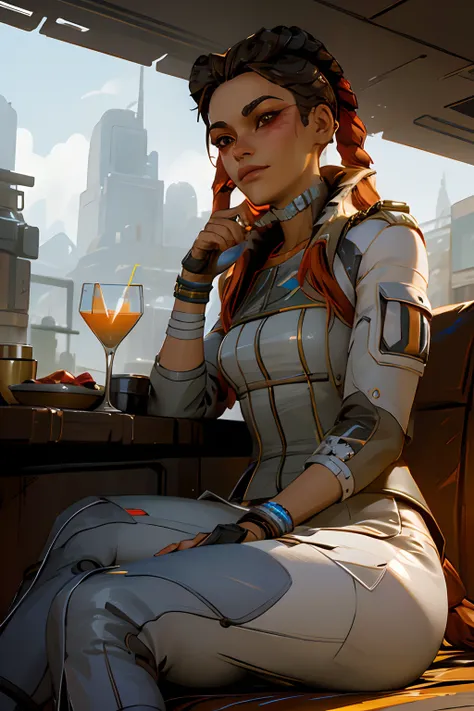 high quality, best quality, highly detailed illustration of loba from apex legends seated in a sci-fi bar nursing a cocktail