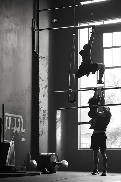 Shadow of a man lifting a barbell overhead with a child hanging off each side