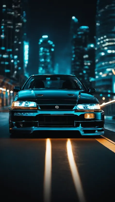 A 1999 Nissan Silver R33 lowered wide body,  car body molded as if it was in the movie Tron legacy, Blue LED strips light up all the body lines of the car, night city background, motion blur, a close up of a car with a glowing blue stripe on the hood, tron...