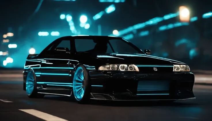 A 1999 Nissan Silver R33 lowered wide body,  car body molded as if it was in the movie Tron legacy, Blue LED strips light up all the body lines of the car, night city background, motion blur, a close up of a car with a glowing blue stripe on the hood, tron...