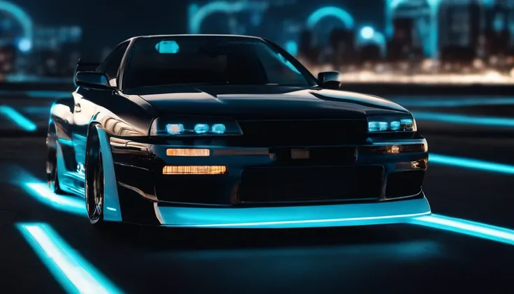 A 1999 Nissan Silver R33 lowered wide body,  car body molded as if it was in the movie Tron legacy, Blue LED strips light up all the body lines of the car, night city background, motion blur, a close up of a car with a glowing blue stripe on the hood, tron...