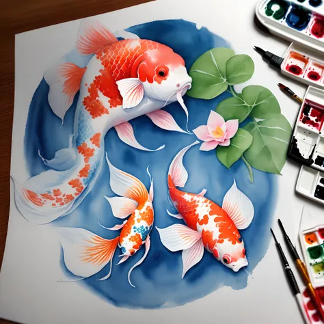 Watercolor koi and flower tattoo