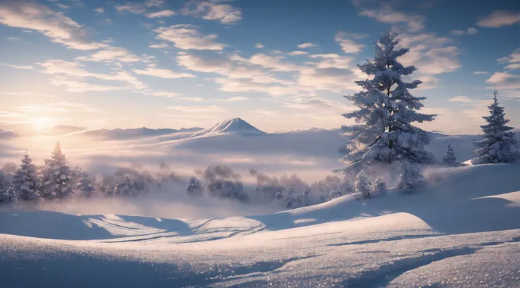 at winter season，Oyuki，snow landscape，（（（Rime））），the setting sun，thin fog，Dingdall effect，super-fine，tmasterpiece，8K，depth of fields，ultra - detailed，Meticulous portrayal，Ultra photo realsisim，Hyper-realistic