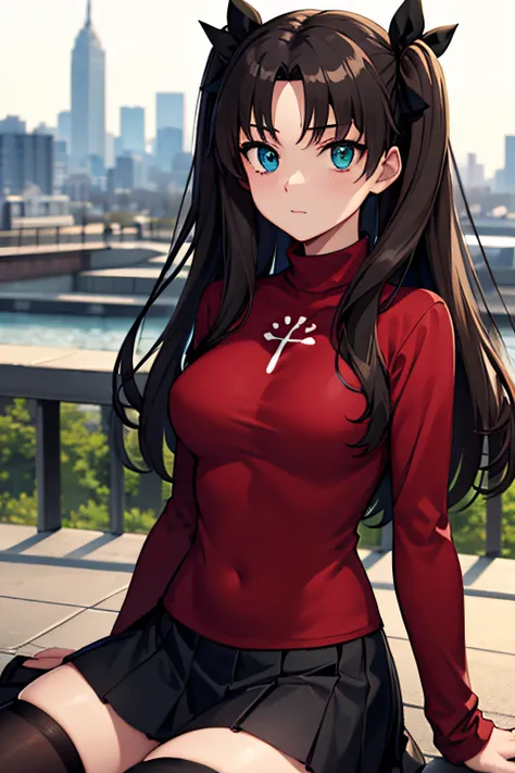 (masterpiece), best quality, expressive eyes, perfect face, 1girl, solo, rintohsaka, rin tohsaka, aqua eyes, black hair, hair ri...