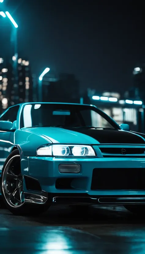 A 1999 Nissan Silver R33 lowered wide body,  car body molded as if it was in the movie Tron legacy, Blue LED strips light up all the body lines of the car, night city background, motion blur, a close up of a car with a glowing blue stripe on the hood, tron...